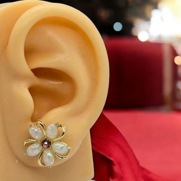 Camellia Flower Opalescent Earrings Gold Shimmer Pierced Ears Feminine Romantic - Picture 5 of 5
